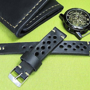 Handmade Rally Watch Strap of black leather, Watch Strap 18mm, 20mm, 22mm, 24mm, Watch Strap Leather, Leather Watch Strap, Watch band, 025