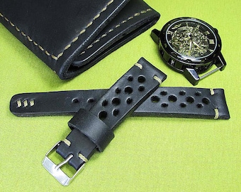 Handmade Rally Watch Strap of black leather, Watch Strap 18mm, 20mm, 22mm, 24mm, Watch Strap Leather, Leather Watch Strap, Watch band, 025