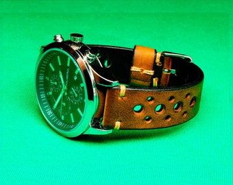 Handmade Rally Watch Strap in Aged Brown Leather: 18-24mm, Watch Band, Vintage Style, 120