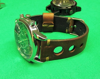 Handmade Rally Watch Strap Distressed Italian Brown Leather: 18mm-24mm, Watch Band, Vintage Style,075