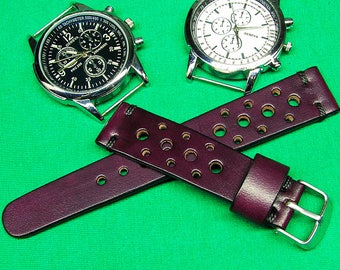 Handgemaakte horlogeband Rally Horween donker bordeaux leer 18mm, 20mm, 22mm, 24mm, horlogeband leer, lederen horlogeband, horlogeband, 071