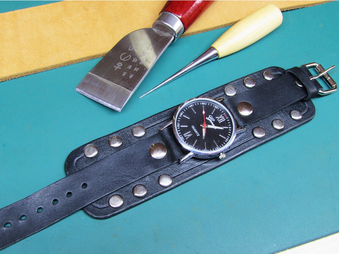 Handmade Black Watch Cuff Strap Mens Watch Leather Strap Etsy