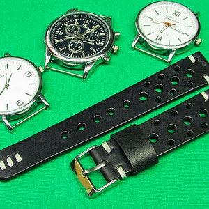 Watch Strap Rally of black leather, Handmade Leather Watch Strap 22mm, 24mm, 18mm, 20mm, Leather watch strap with Black Itallian Leather 063