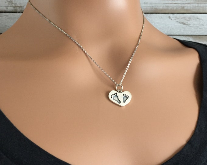 Gift For a New Mom MomBaby Heart Necklace New Mom Necklace 925 Sterling Foot Prints Necklace