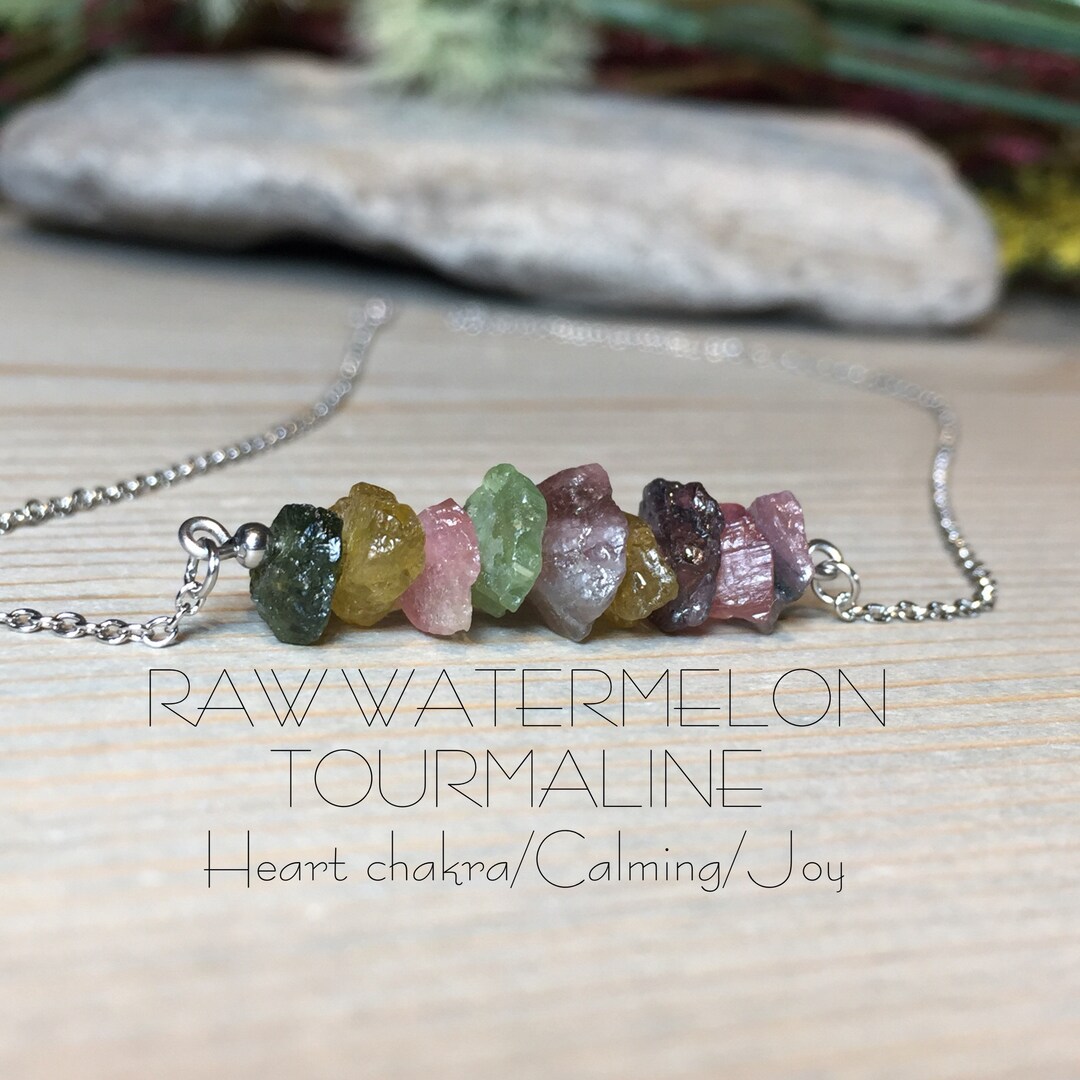 Raw Watermelon Tourmaline Bar Necklace, Tourmaline Necklace, Watermelon