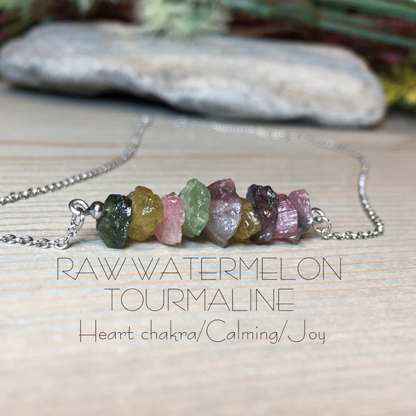 Raw Watermelon Tourmaline Bar Necklace, Tourmaline Necklace, Watermelon Tourmaline Necklace, Heart Chakra, Calm, Joy, Counters anger,Balance