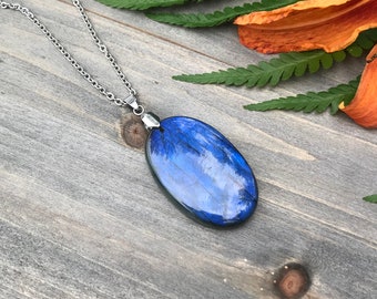 One Available! Large Strong Blue Flash Labradorite Necklace, Gorgeous Blue Shine Labradorite Necklace, Stainless Steel Labradorite Necklace