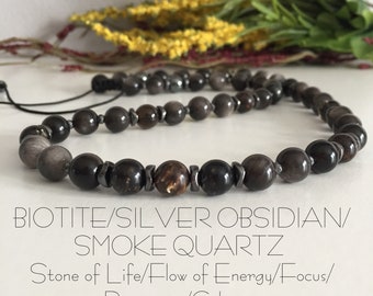 Unisex 8mm Biotite/Mica Necklace, Obsidian Necklace, Smoke Quartz, Positive thoughts, Calming, Kindness and understanding towards people