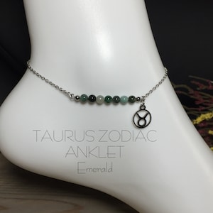 Taurus Zodiac Anklet, 4mm Genuine Emerald  Anklet, Zodiac Anklet, Taurus Gemstone Anklet, May Birthstone, Physical & Emotional healing