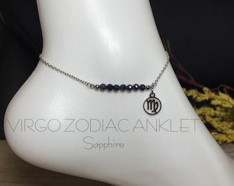 Virgo Zodiac Anklet, 4mm Genuine Sapphire Anklet, Zodiac Anklet, Virgo Gemstone Anklet, September Birthstone, Luck, Wisdom, Love, Balance