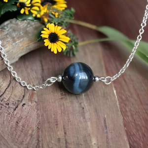 10mm Blue Tiger's Eye Necklace,  Blue Tiger's Eye Necklace,  Blue Tiger's Eye Choker, Stainless Steel Necklace, Protection, Grounding, Power