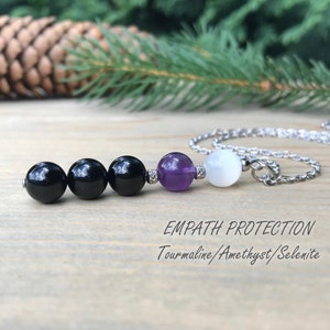 8mm Empath Protection Necklace, Black Tourmaline Necklace, Selenite Necklace, Amethyst Necklace, Protection Necklace, Empath Jewelry