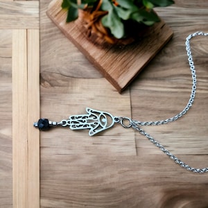Empath Protection Black Tourmaline Necklace, Black Tourmaline Hamsa Necklace, Gemstone Necklace, Evil Eye Necklace, Protection Necklace