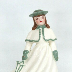 May include: A white porcelain figurine of a woman wearing a green hat, coat, and gloves. She is holding a green umbrella and has a white dress with green trim.