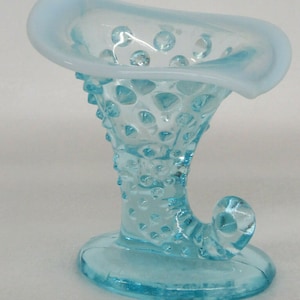 Fenton Hobnail Style Blue French Opalescent Cornucopia Horn Small Vase 1451B