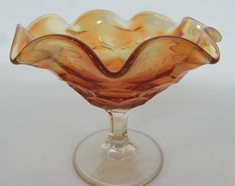 Marigold Carnival Glass Vintage Iridescent Ruffled Rim Compote Candy Dish 1005B