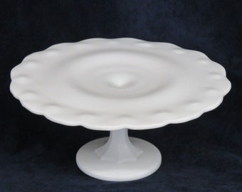 Indiana Style White Milk Glass Scalloped Edge Teardrop Pedestal Cake Stand 3740B