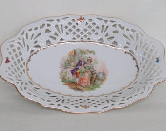 Schumann Arzberg Bavaria Courting Couple Reticulated Open Lace Oval Bowl 3704B