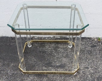Hollywood Regency Lucite and Brass Finish with Glass Top Side Table 2998 SHIPPING NOT INCLUDED  Please ask for shipping quote