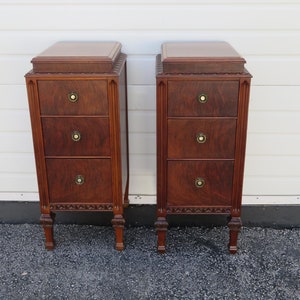 1930s Tall Narrow Carved Nightstands Side End Bedside Tables a Pair 5562SHIPPING NOT INCLUDED Please ask for shipping quote