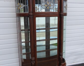 Late 1800s Large Tall Tiger Oak Leaded Stain Glass Curio Cabinet Cupboard 6573 SHIPPING NOT INCLUDED Please ask for shipping quote