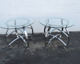 Hollywood Regency Mid Century Pair of Chrome Glass Top Side Tables 2475 SHIPPING NOT INCLUDED Please ask for shipping quote