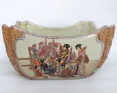 Royal Satsuma Hand Painted Beaded Porcelain Large Vase Bowl 302B
