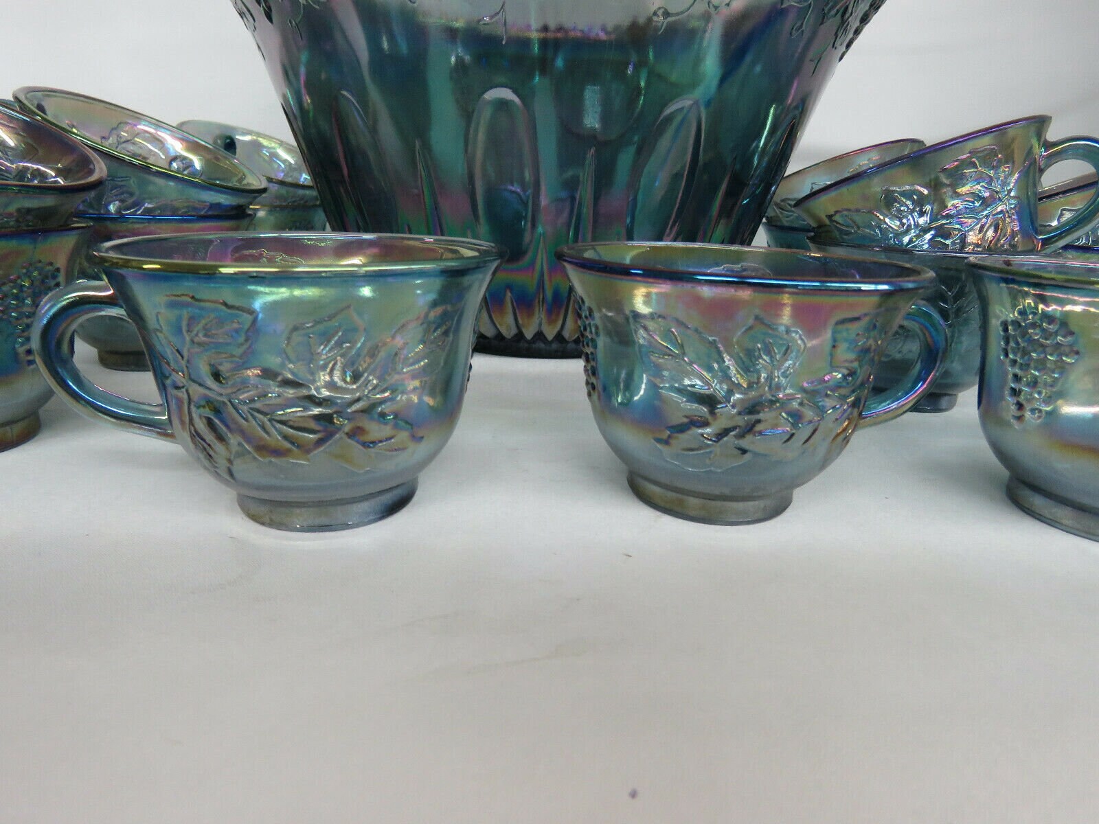 Indiana Harvest Grape Style Carnival Glass Set of Punch Bowl