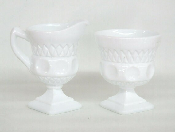 Indiana Kings Crown Thumbprint Milk Glass Set of Creamer and Sugar Bowl 695B