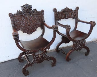 Late 1800s Gothic Heavy Hand Carved Lion Head Throne His and Hers Curule Chairs 6570D SHIPPING NOT INCLUDED Please ask for shipping quote