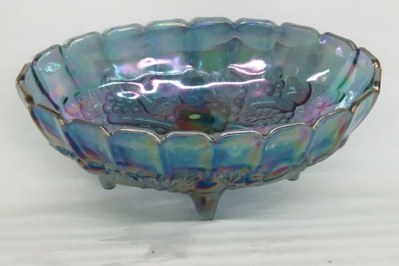 Indiana Carnival Glass Harvest Grape Blue Oval Center Fruit Bowl