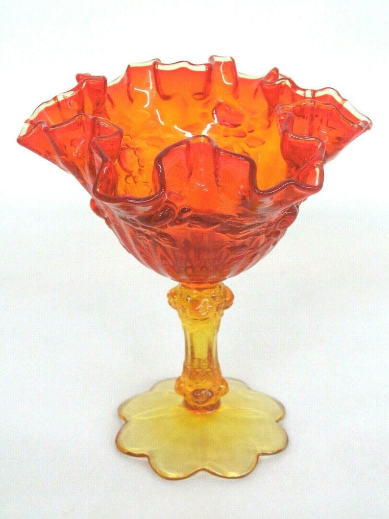 Fenton Cabbage Rose Style Amberina Glass Ruffled Compote Candy Dish ...