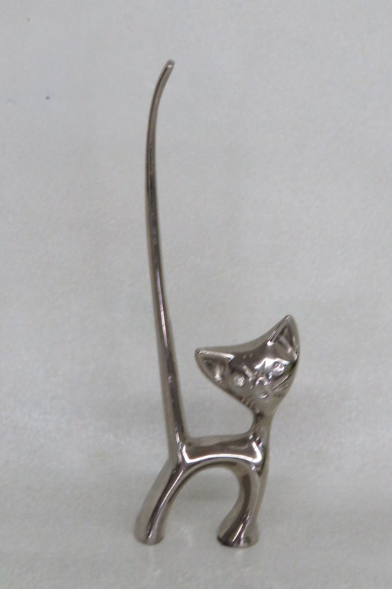 Chrome Long Tailed Cat Figurine Ring Holder 3420B