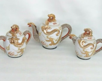 Moriage Japan Gold Dragon Ware White Teapot Creamer and Sugar Bowl 2461B