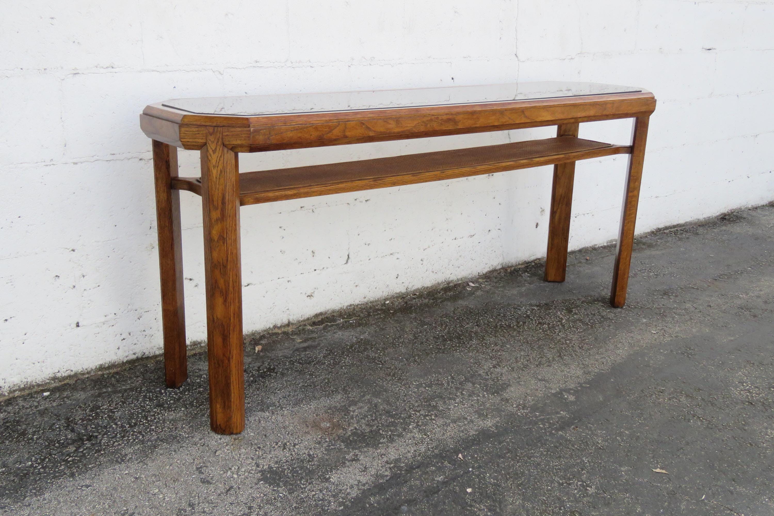 Hollywood Regency Wood and Caning Glass Long Narrow Library