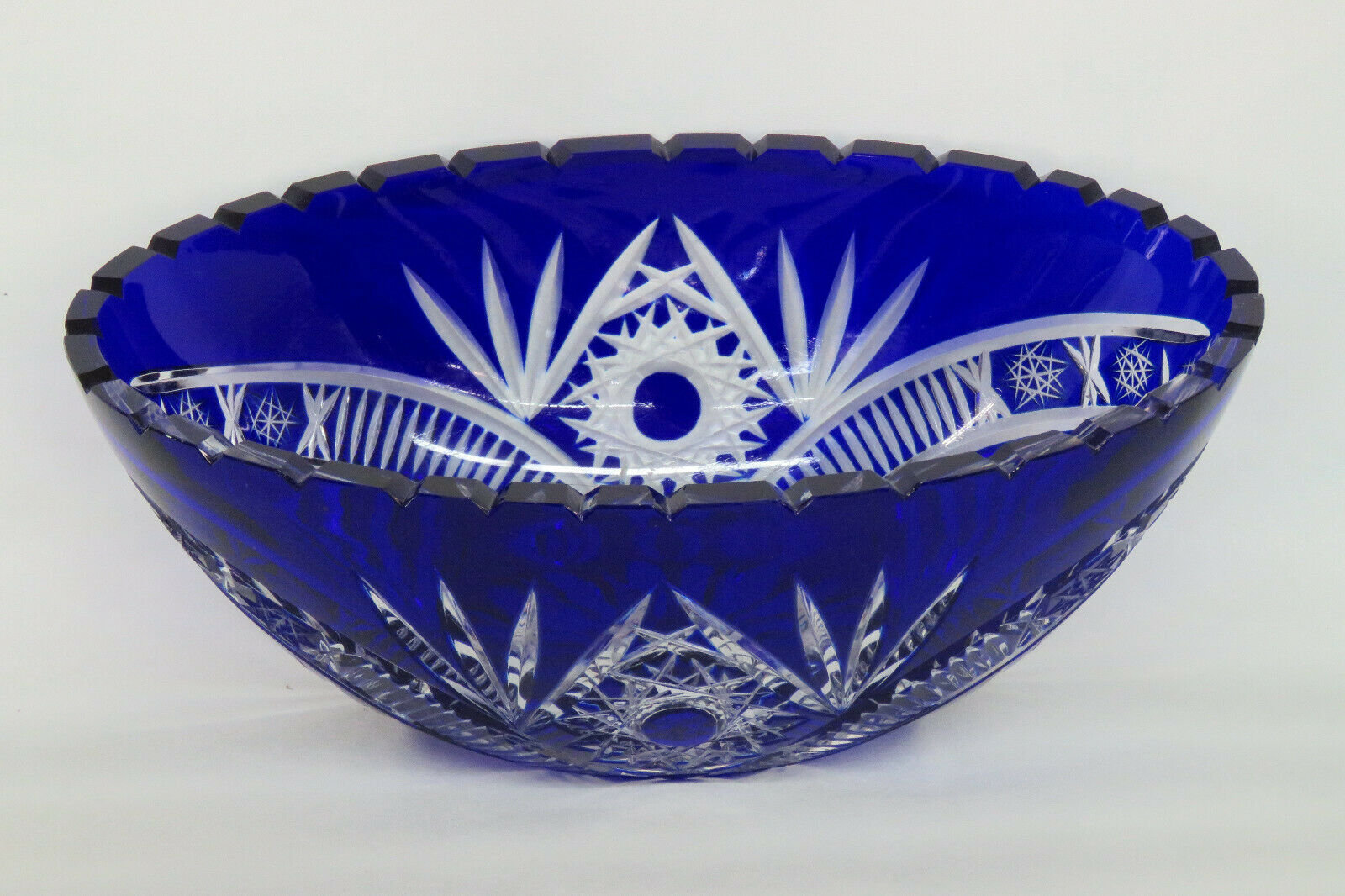 Bohemian Czech Cobalt Cut to Clear Crystal Glass Large Oval Bowl