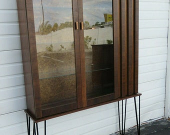 Brutalist Mid Century Modern Display China Cabinet with Hairpin Legs 1255 SHIPPING NOT INCLUDED Please ask for shipping quote