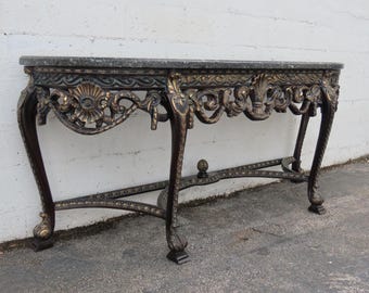 French Painted Black Heavy Carved Marble Top Large Long Console Entry Table 6381 SHIPPING NOT INCLUDED Please ask for shipping quote