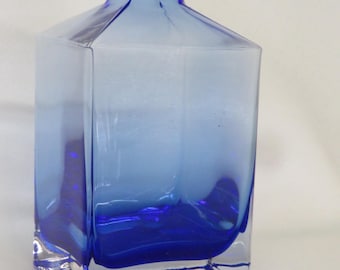 Cobalt Blue Vase Squared Glass w Ombre Gradient Mid Century Modern Bottle 4744B