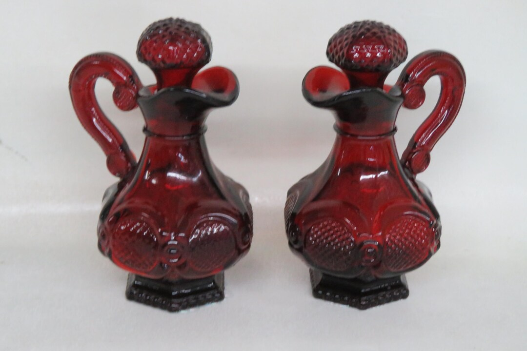 Avon Cape Cod Collection Ruby Red Glass Cruet Oil and Vinegar Set of ...