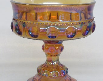 Kings Crown Thumbprint Indiana Carnival Glass Amber Compote Candy Dish 2473B