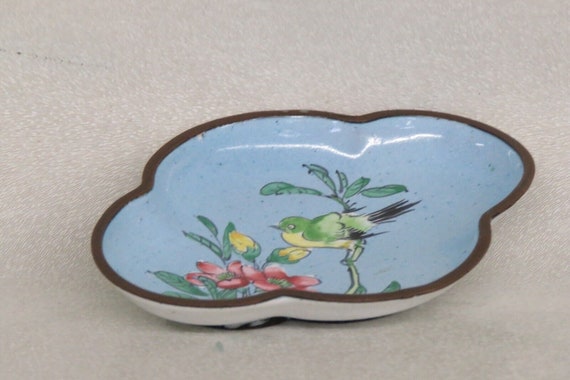 Ceramic Hand Painted Blue Floral Bird Small Trink… - image 1