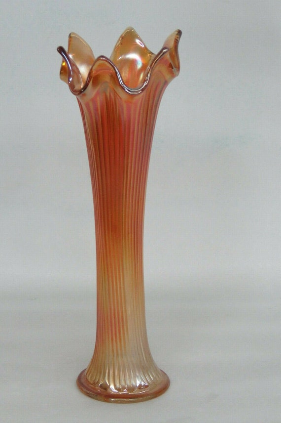 Fenton Fine Rib Style Marigold Carnival Glass Swung Vase 1396B -   Portugal