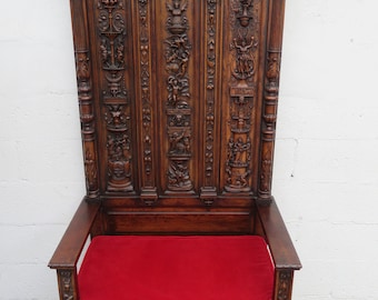 Late 1800s Gothic Heavy Hand Carved Throne Chair Hall Seat Bench 5317 SHIPPING NOT INCLUDED Please ask for shipping quote