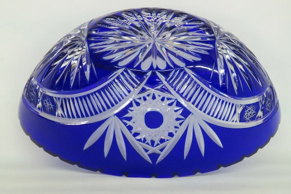 Bohemian Czech Cobalt Cut to Clear Crystal Glass Large Oval Bowl