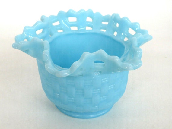 Fenton Basket Weave Style Blue Satin Glass Open Lace Edge Bowl