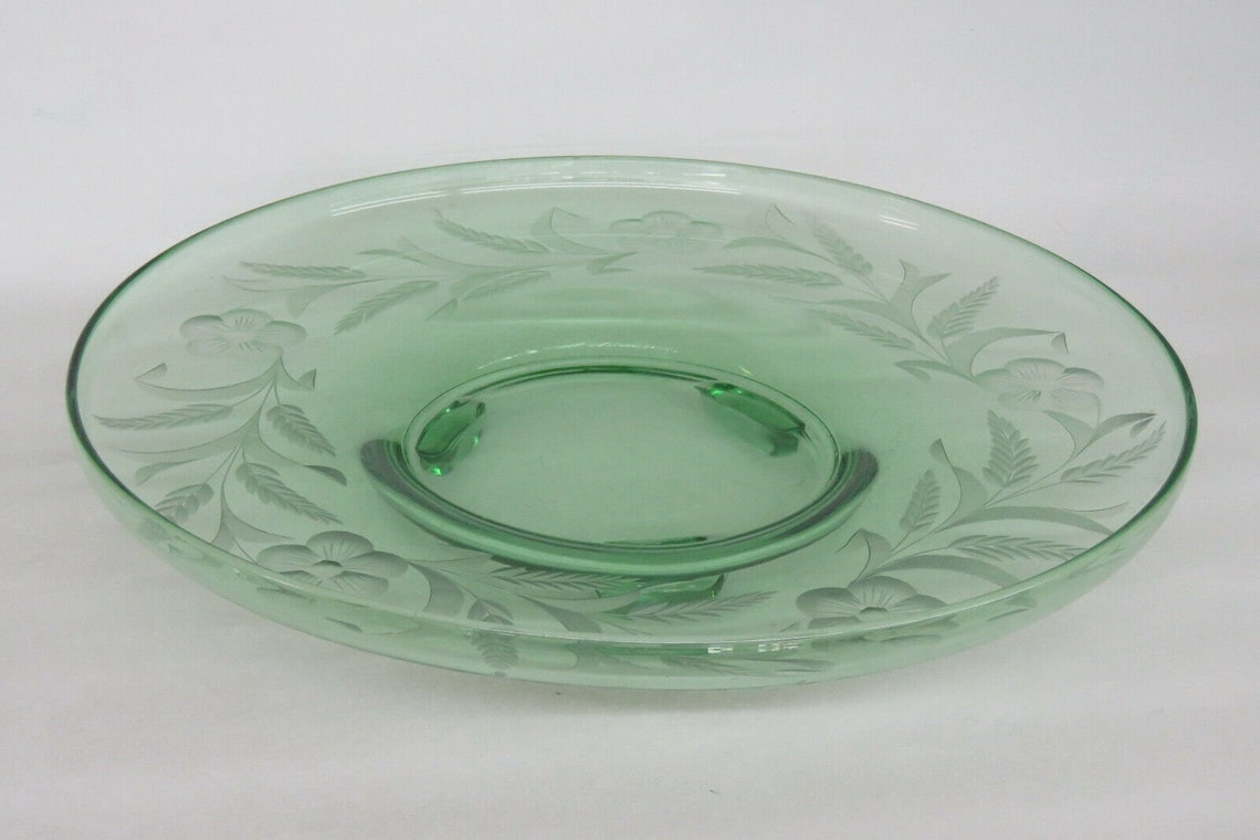 Green Depression Glass Etched Flowers Large Footed Serving Etsy