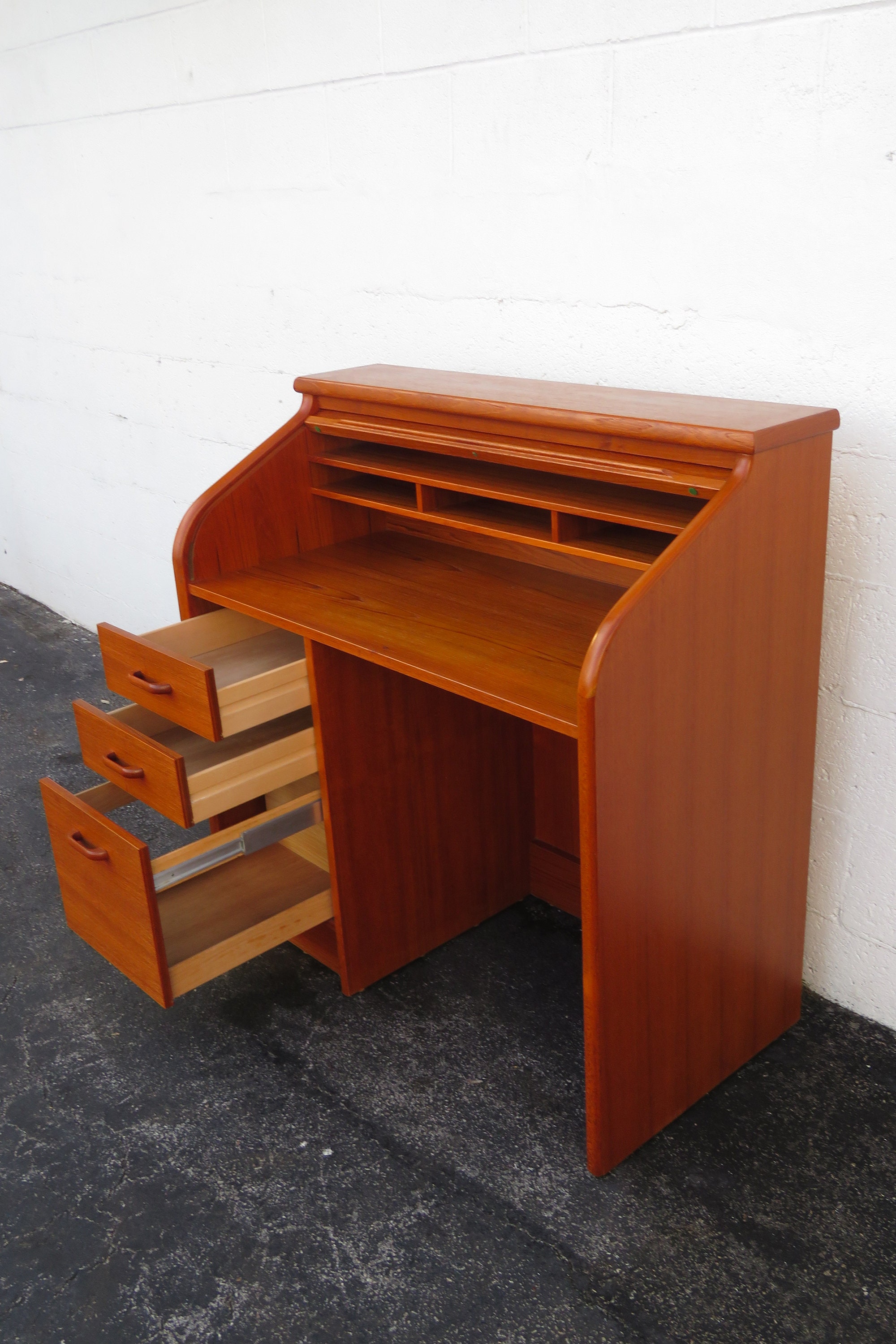Danish Modern Mid Century Teak Wood Roll Top Secretary Desk 2791