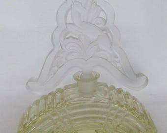 Czech Perfume Bottle Yellow Glass with Deer Stopper Art Deco Empty Cologne 4779B