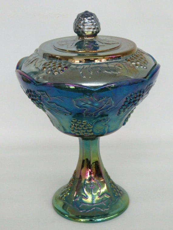 Indiana Harvest Grape Style Blue Iridescent Glass Candy Dish With
